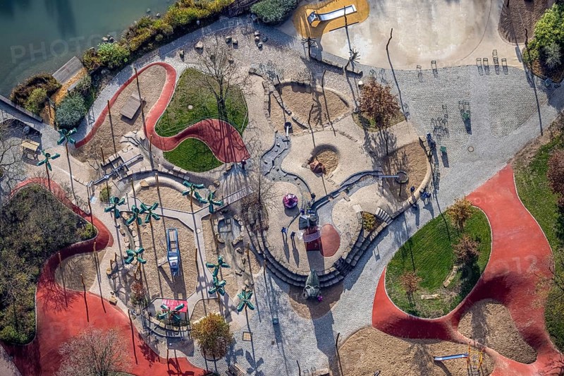 Aerial view, Maximilianpark Hamm, children's playground, Uentrop, Hamm, Ruhr area, North Rhine-Westphalia, Germany, DE, Europe, leisure park, site of the disused Maximilian colliery, glass elephant landmark, aerial view, aerial photography, aerial photography, MaxiPark, playground, overview, bird's-eye view, overview