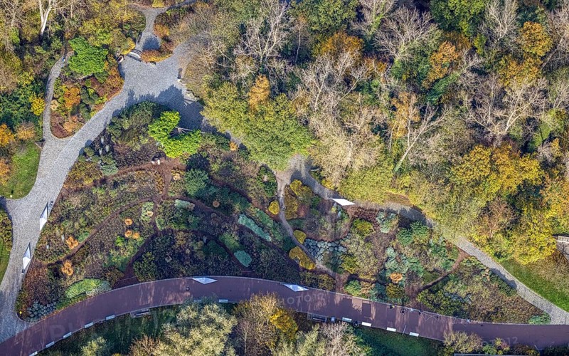 Aerial view, Maximilianpark Hamm, rose beds, Uentrop, Hamm, Ruhr area, North Rhine-Westphalia, Germany, DE, Europe, shapes and colours, leisure park, site of the disused Maximilian colliery, glass elephant landmark, aerial view, aerial photography, MaxiPark, rose beds, overview, bird's-eye view, overview
