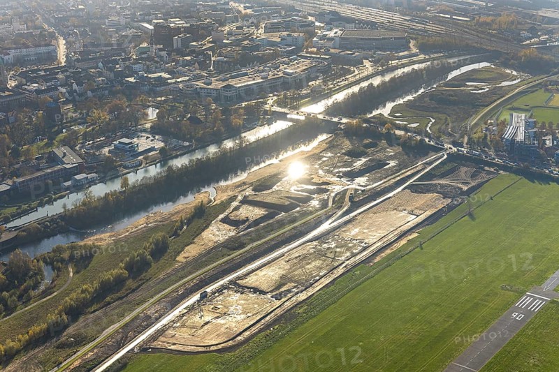 Aerial photo, Lippe reconstruction Hamm, Lippe floodplain recreation area, City of Hamm, Lippe floodplain recreation area, Hamm-Lippewiesen airfield, LSC-Hamm, EDLH, Lippe floodplain in the city centre area, reconstruction of the floodplain landscape, Lippe floodplain recreation area Hamm Heessen construction site, Hamm, Ruhr area, North Rhine-Westphalia, Germany, DE, Europe, birds-eyes view, aerial photo, aerial photography, aerial photography, overview, bird's-eye view