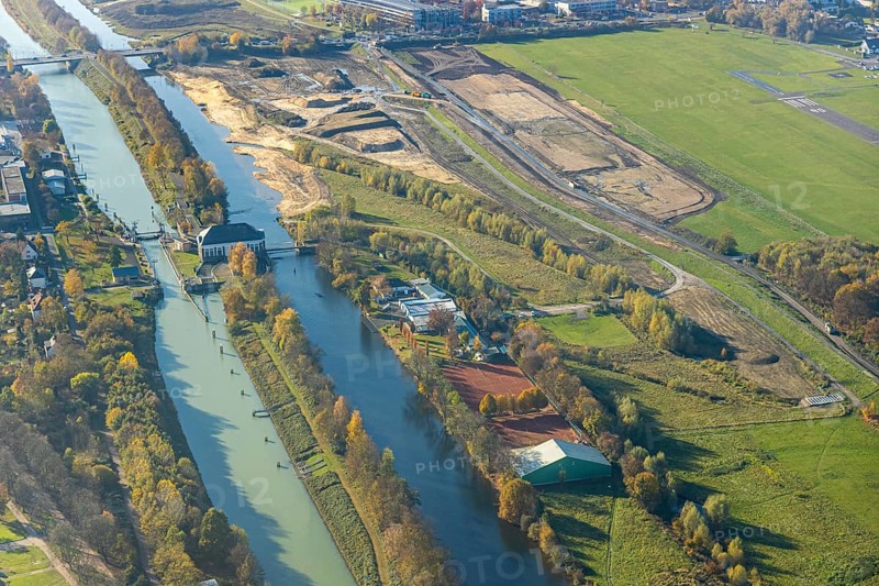 Aerial photo, Lippe reconstruction Hamm, Lippe floodplain recreation area, City of Hamm, Lippe floodplain recreation area, Hamm-Lippewiesen airfield, LSC-Hamm, EDLH, Lippe floodplain in the city centre area, reconstruction of the floodplain landscape, Lippe floodplain recreation area Hamm Heessen construction site, Hamm, Ruhr area, North Rhine-Westphalia, Germany, DE, Europe, birds-eyes view, aerial photo, aerial photography, aerial photography, overview, bird's-eye view