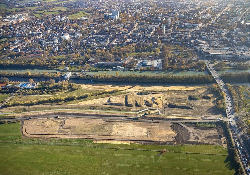 Aerial photo, Lippe reconstruction Hamm, Lippe floodplain recreation area, City of Hamm, Lippe floodplain recreation area, Hamm-Lippewiesen airfield, LSC-Hamm, EDLH, Lippe floodplain in the city centre area, reconstruction of the floodplain landscape, Lippe floodplain recreation area Hamm Heessen construction site, Hamm, Ruhr area, North Rhine-Westphalia, Germany, DE, Europe, birds-eyes view, aerial photo, aerial photography, aerial photography, overview, bird's-eye view