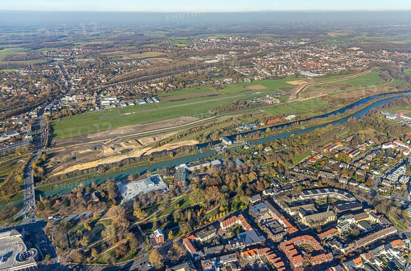 Aerial photo, Lippe reconstruction Hamm, Lippe floodplain recreation area, City of Hamm, Lippe floodplain recreation area, Hamm-Lippewiesen airfield, LSC-Hamm, EDLH, Lippe floodplain near the city centre, reconstruction of the floodplain landscape, Lippe floodplain recreation area Hamm Heessen construction site, Hamm, Ruhr area, North Rhine-Westphalia, Germany