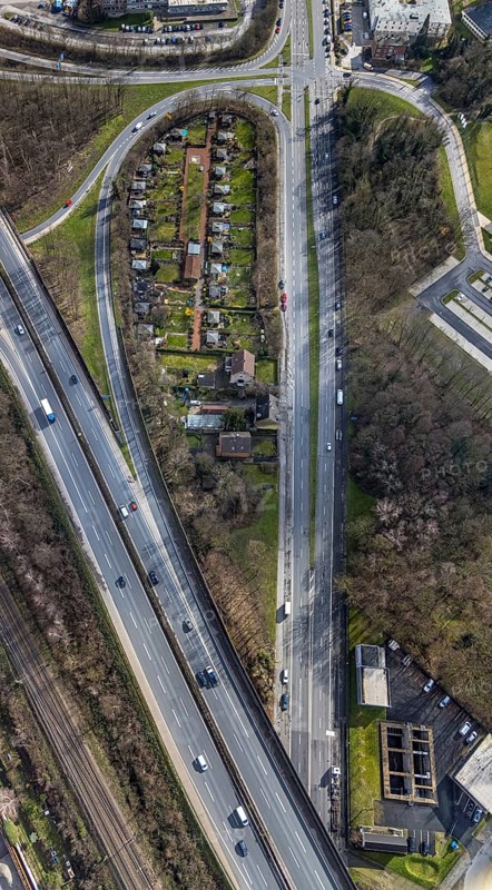 Aerial view, allotment garden association Eigene Scholle between federal road B226 Dorstener Straße and motorway A42, Herne, Ruhr area, North Rhine-Westphalia, Germany, DE, Europe, birds-eyes, view, aerial photograph, aerial photography, aerial photography, overview, overview, bird's eye view, garden, plants, flowers, fruits, crops, fruit, vegetables, recreation, leisure, nature