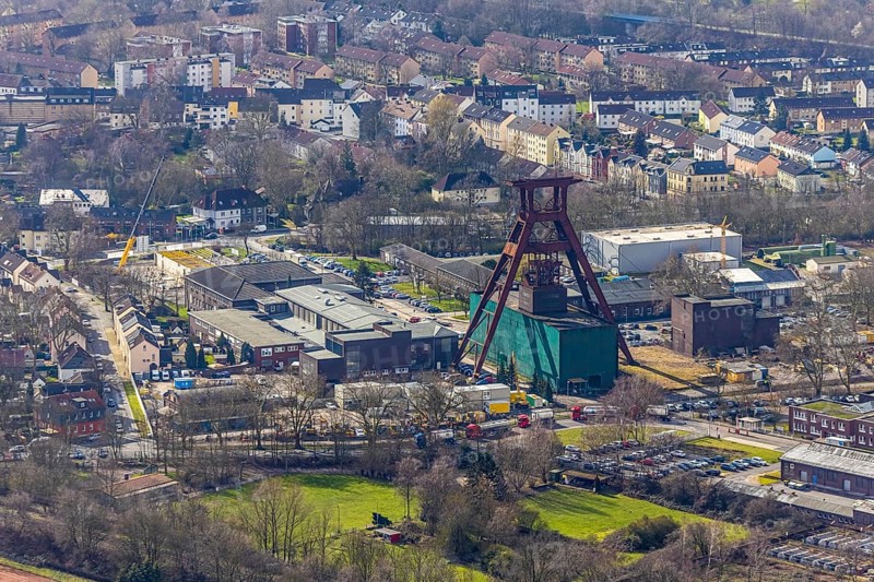 Aerial view, industrial area, former coal mine, double trestle winding tower of the former Pluto colliery in Wanne-Eickel, Herne, Ruhr area, North Rhine-Westphalia, Germany, DE, Europe, birds-eyes, view, aerial photography, aerial photography, overview, overview, bird's eye view, former, industry, industrial culture, industrial history, trade, economy, commercial enterprise, production, trade