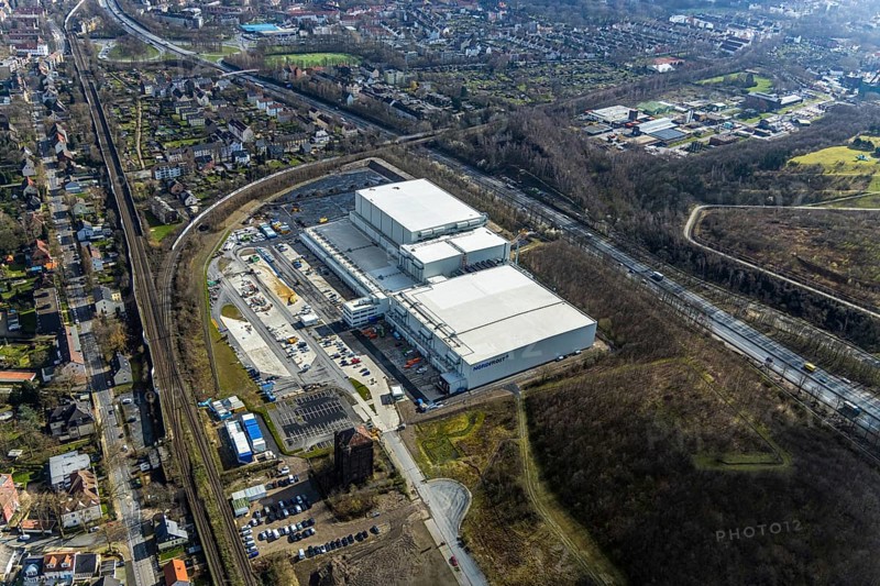 Aerial view, frozen food logistics company Nordfrost on the site of the former colliery Unser Fritz Schacht 1, Herne, Ruhr area, North Rhine-Westphalia, Germany, DE, Europe, birds-eyes, view, aerial photograph, aerial photography, aerial photography, overview, overview, bird's eye view, structural change, former, colliery