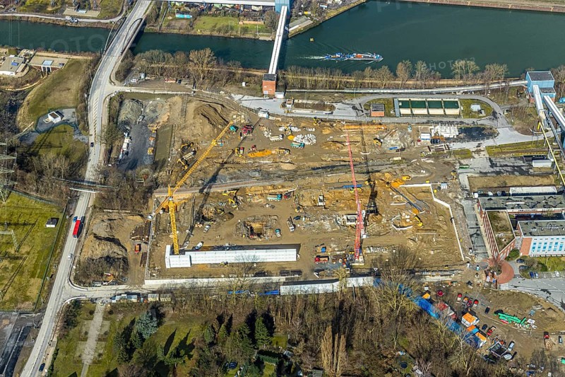 Aerial view, new construction of a gas and steam turbine power plant of STEAG at the coal-fired thermal power station, Herne, Ruhr area, North Rhine-Westphalia, Germany, DE, Europe, birds-eyes, view, aerial photograph, aerial photography, aerial photography, overview, overview, bird's eye view, energy, wind energy, power plant, electricity, power supply, electricity generation, power generation