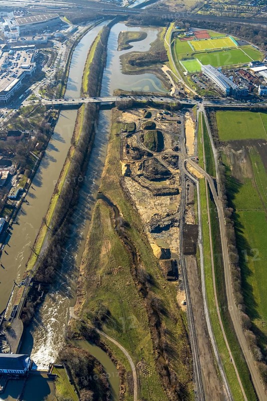 Aerial view, construction area Jupp-Eickhoff-Weg, river Lippe, Datteln-Hamm canal, Hamm, Ruhr area, North Rhine-Westphalia, Germany, construction work, construction area, construction site, building plots, construction project, construction site, DE, development, Europe, capacity requirement, aerial photograph, aerial photography, aerial photography, overview, bird's-eye view, bird's-eye view, overview