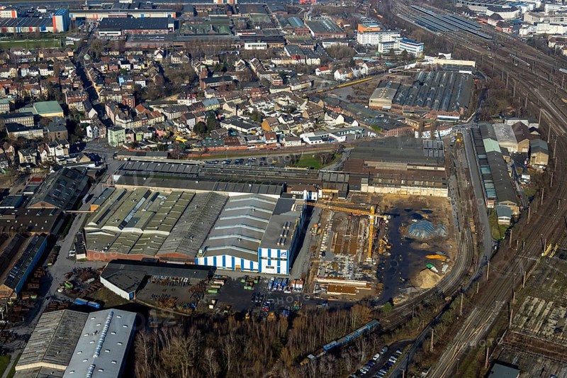 Aerial view, new construction Wilhelmstraße, WDI Westfälische Drahtindustrie AG, Hamm, Ruhr area, North Rhine-Westphalia, Germany, construction work, construction, construction area, construction site, construction crane, construction measure, construction project, construction site, DE, development, Europe, commercial area, commercial use, industrial plants, industrial area, industrial site, capacity requirement, aerial view, aerial photography, aerial photography, new construction, production plants, production halls, overview, bird's eye view, Wilhelmstraße, birds-eyes view, overview