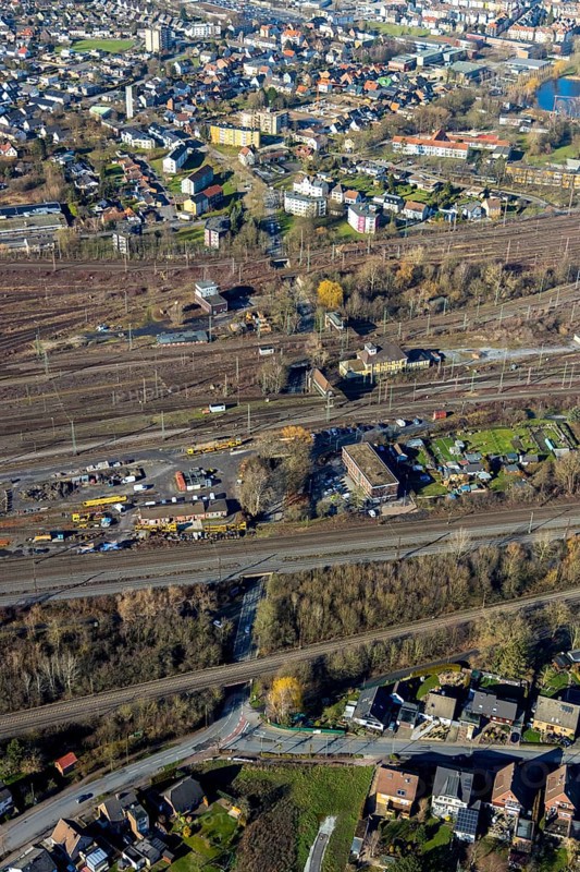 Aerial view, seven bridges, Günterstraße, railway subway, marshalling yard, former signal box, Hamm, Ruhr area, North Rhine-Westphalia, Germany, railway station, railway subway Günterstraße, DE, Deutsche Bahn AG, Europe, aerial photograph, aerial photography, aerial photography, overview, bird's-eye view, bird's-eye view, overview