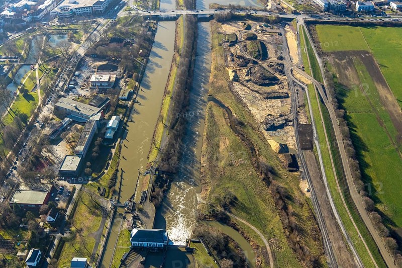Aerial view, construction area Jupp-Eickhoff-Weg, river Lippe, Datteln-Hamm canal, Hamm, Ruhr area, North Rhine-Westphalia, Germany, construction work, construction area, construction site, building plots, construction project, construction site, DE, development, Europe, capacity requirement, aerial photograph, aerial photography, aerial photography, overview, bird's-eye view, bird's-eye view, overview