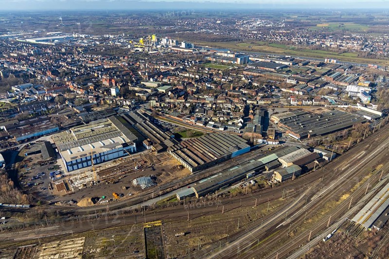 Aerial view, new construction, WDI Westfälische Drahtindustrie AG, Hamm, Ruhr area, North Rhine-Westphalia, Germany, construction work, construction, construction area, construction site, construction crane, construction measure, construction project, construction site, DE, development, Europe, commercial area, commercial use, industrial plants, industrial area, industrial site, capacity requirement, aerial view, aerial photography, aerial photography, new construction, production plants, production halls, overview, bird's eye view, Wilhelmstrasse, birds-eyes view, overview