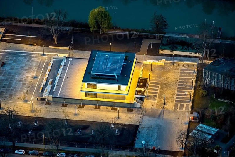 Aerial view, water sports centre and the adjacent lock area, rowing club, water sports club, centre, Hamm, Ruhr area, North Rhine-Westphalia, Germany, DE, Europe, birds-eyes view, aerial view, aerial photography, aerial photography, overview, bird's eye view, club fusion, night shot, twilight shot, Hamm at night