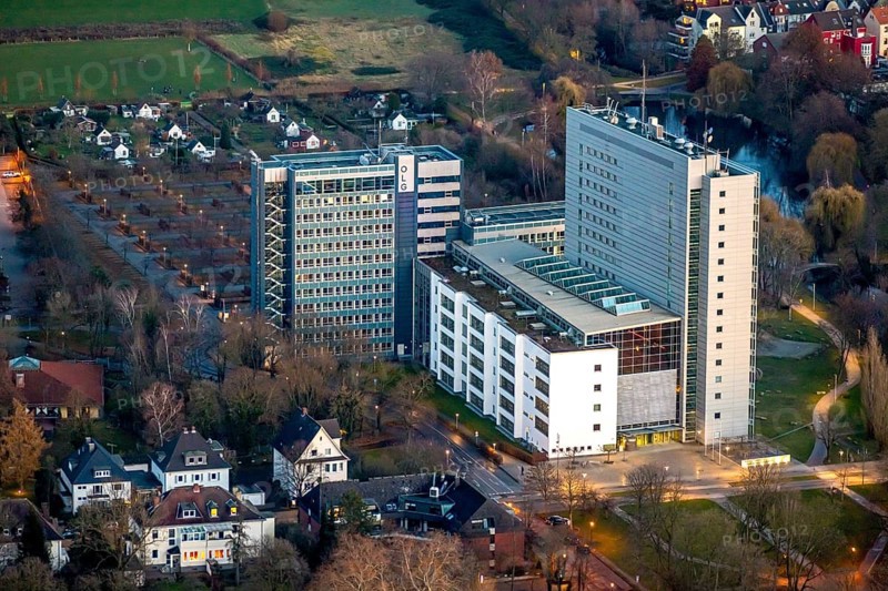 Aerial photo, OLG, Hamm Higher Regional Court, Hamm Public Prosecutor's Office, twilight photo, centre, Hamm, Ruhr area, North Rhine-Westphalia, Germany, DE, Europe, birds-eyes view, aerial photo, aerial photography, aerial photography, overview, overview, bird's eye view, night photo, twilight photo, Hamm at night
