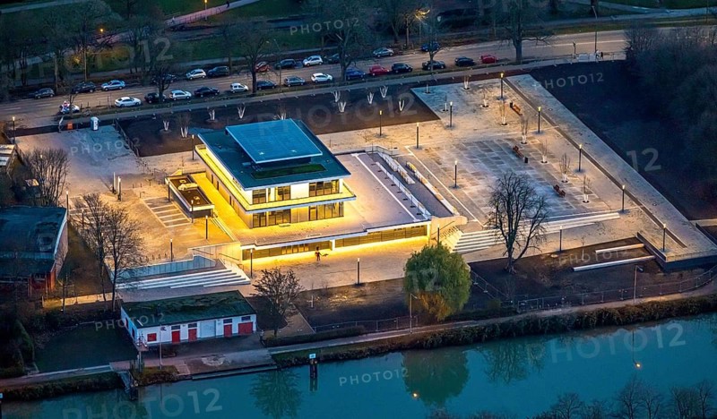 Aerial view, water sports centre and the adjacent lock area, rowing club, water sports club, centre, Hamm, Ruhr area, North Rhine-Westphalia, Germany, DE, Europe, birds-eyes view, aerial view, aerial photography, aerial photography, overview, bird's eye view, club fusion, night shot, twilight shot, Hamm at night