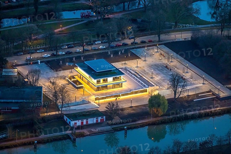 Aerial view, water sports centre and the adjacent lock area, rowing club, water sports club, centre, Hamm, Ruhr area, North Rhine-Westphalia, Germany, DE, Europe, birds-eyes view, aerial view, aerial photography, aerial photography, overview, bird's eye view, club fusion, night shot, twilight shot, Hamm at night