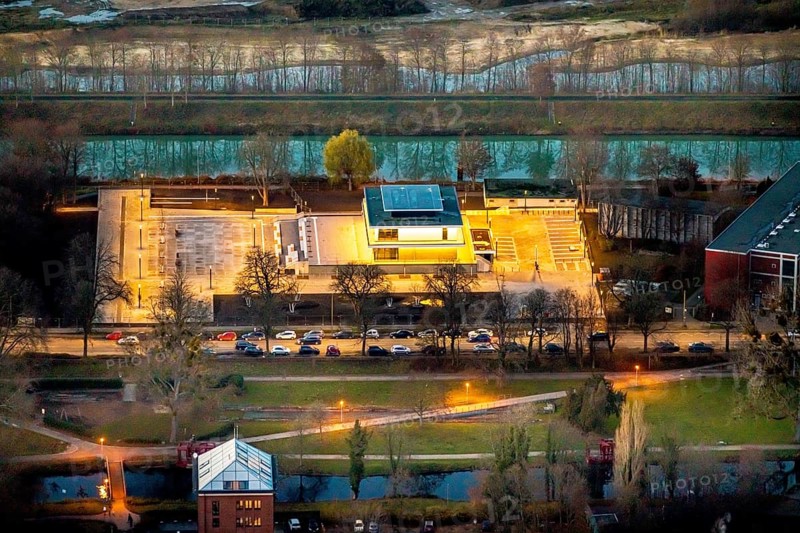 Aerial view, water sports centre and the adjacent lock area, rowing club, water sports facilities, centre, Hamm, Ruhr area, North Rhine-Westphalia, Germany, DE, Europe, birds-eyes view, aerial view, aerial photography, aerial photography, overview, bird's eye view, night shot, twilight shot, Hamm at night
