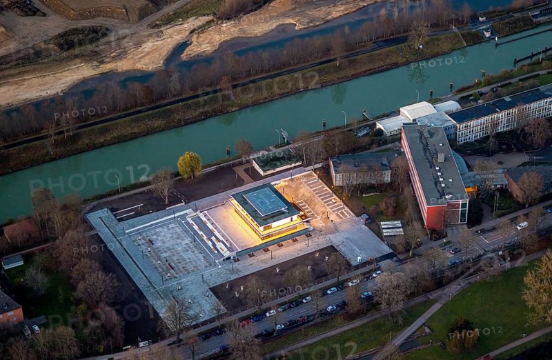 Aerial view, water sports centre and the adjacent lock area, rowing club, water sports club, centre, Hamm, Ruhr area, North Rhine-Westphalia, Germany, DE, Europe, birds-eyes view, aerial view, aerial photography, aerial photography, overview, bird's eye view, club fusion, night shot, twilight shot, Hamm at night