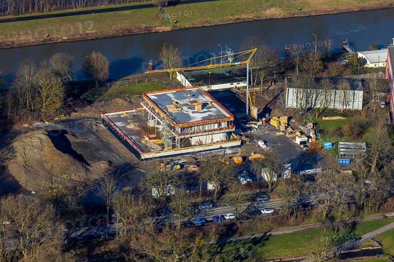 Aerial view, new construction water sports centre, construction area Adenauerallee, Hamm, Ruhr area, North Rhine-Westphalia, Germany, construction work, construction vehicles, construction area, construction site, building plots, construction crane, construction measure, construction project, construction site, DE, development, Europe, canal edge, aerial view, aerial photography, aerial photography, new construction, overview, bird's eye view, water sports, birds-eyes view, overview