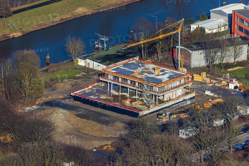 Aerial view, new construction water sports centre, construction area Adenauerallee, Hamm, Ruhr area, North Rhine-Westphalia, Germany, construction work, construction vehicles, construction area, construction site, building plots, construction crane, construction measure, construction project, construction site, DE, development, Europe, canal edge, aerial view, aerial photography, aerial photography, new construction, overview, bird's eye view, water sports, birds-eyes view, overview