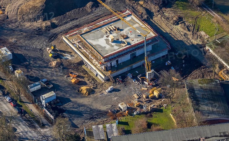 Aerial view, new construction water sports centre, construction area Adenauerallee, Hamm, Ruhr area, North Rhine-Westphalia, Germany, construction work, construction vehicles, construction area, construction site, building plots, construction crane, construction measure, construction project, construction site, DE, development, Europe, canal edge, aerial view, aerial photography, aerial photography, new construction, overview, bird's eye view, water sports, birds-eyes view, overview