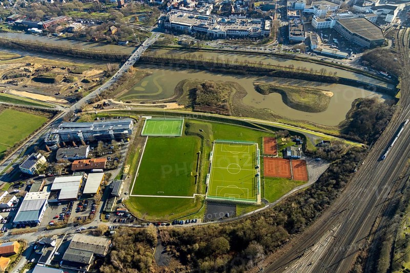 Aerial view, reconstruction Lippe, sports facility hockey and tennis club Hamm, Allee-Center, Hamm Hbf, river Lippe, Datteln-Hamm canal, Hamm, Ruhr area, North Rhine-Westphalia, Germany, railway tracks, DE, Deutsche Bahn AG, shopping markets, shopping centre, Europe, aerial view, aerial photography, aerial photography, local supply centre, Richard-Matthäi, sports, sports facilities, sports field, sports facility, tennis, tennis facility, tennis courts, overview, bird's eye view, birds-eyes view, overview