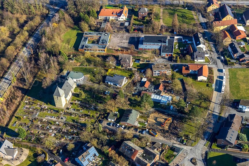 Aerial view, Uentrop village church, Maximilian primary school Uentrop, Uentrop, Hamm, Ruhr area, North Rhine-Westphalia, Germany, An der Uentroper Kirche, burial place, education, educational institution, DE, Europe, cemetery, memorial, religious community, place of worship, place of worship, primary school, property tax, graves, burial ground, real estate, church, parish, denomination, educational institution, aerial view, aerial photography, aerial photography, religion, resting place, school, overview, bird's-eye view, living and life, residential area, residential buildings, housing estate, birds-eyes view, overview
