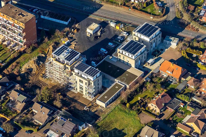 Aerial view, new construction project Augenweide, condominiums and penthouses, Grenzweg, Braam-Ostwennemar, Hamm, Ruhr area, North Rhine-Westphalia, Germany, construction work, construction area, building site, building plots, construction project, DE, development, Europe, property tax, real estate, capacity requirements, aerial view, aerial photography, aerial photography, new construction, overview, bird's eye view, residential complex, living and living, residential buildings, quality of living, residential neighbourhood, birds-eyes view, overview