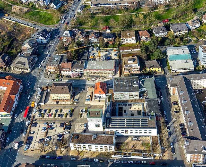 Aerial view, new construction office building Bismarckstraße, Hamm, Ruhr area, North Rhine-Westphalia, Germany, construction work, construction area, construction site, building plots, construction crane, construction measure, construction project, construction site, DE, development, Europe, Hamm head office, Ippen-Stiftung building owner, capacity requirement, aerial view, aerial photography, aerial photography, new construction, overview, bird's-eye view, Volksbank Hamm, birds-eyes view, overview