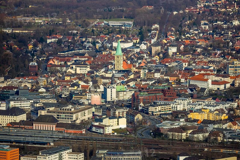Aerial view, city centre view, Hamm main station, Evang. Pauluskirche, Hamm, Ruhr area, North Rhine-Westphalia, Germany, place of worship, railway station, city, DE, Deutsche Bahn AG, Europe, denomination, place of worship, main station, city centre, church, parish, denomination, aerial view, aerial photography, aerial photography, aerial view, location view, religion, townscape, city area, city centre, overview, bird's eye view, birds-eyes view, overview
