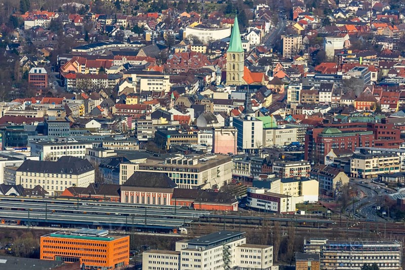 Aerial view, city centre view, Hamm main station, Evang. Pauluskirche, Hamm, Ruhr area, North Rhine-Westphalia, Germany, place of worship, railway station, city, DE, Deutsche Bahn AG, Europe, denomination, place of worship, main station, city centre, church, parish, denomination, aerial view, aerial photography, aerial photography, aerial view, location view, religion, townscape, city area, city centre, overview, bird's eye view, birds-eyes view, overview