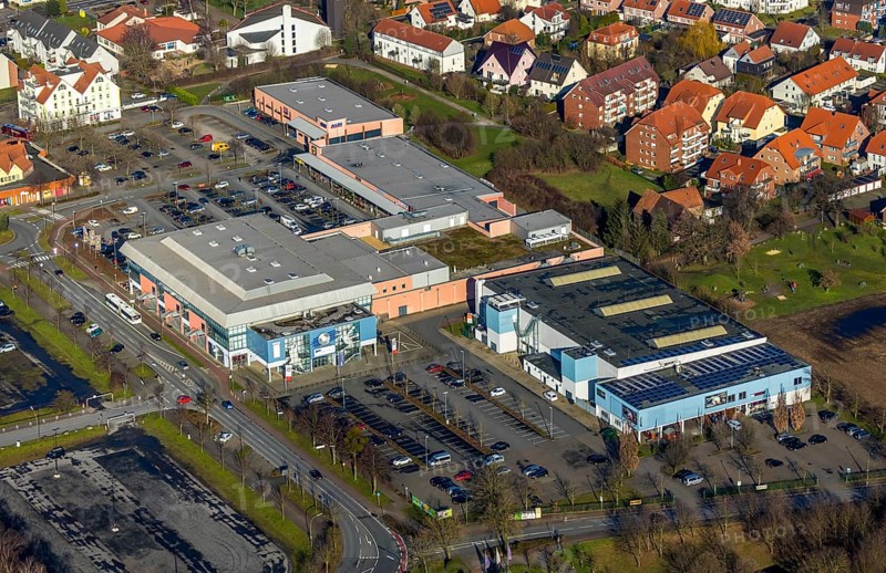 Aerial view, WESTPRESS arena, multifunctional hall, shopping centre, HeliNet Eissportarena Hamm, Werries, Hamm, Ruhr area, North Rhine-Westphalia, Germany, arena, DE, shopping markets, ice rink, Europe, Karl-Koßmann-Straße, aerial view, aerial photography, aerial photography, local supply centre, Ostwennemarstraße, sports, overview, bird's-eye view, overview