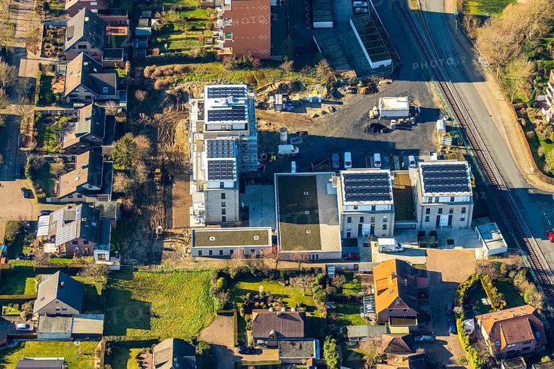 Aerial view, new construction project Augenweide, condominiums and penthouses, Grenzweg, Braam-Ostwennemar, Hamm, Ruhr area, North Rhine-Westphalia, Germany, construction work, construction area, building site, building plots, construction project, DE, development, Europe, property tax, real estate, capacity requirements, aerial view, aerial photography, aerial photography, new construction, overview, bird's eye view, residential complex, living and living, residential buildings, quality of living, residential neighbourhood, birds-eyes view, overview
