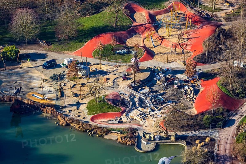 Aerial view, Maximilianpark Hamm, construction site renewal, reconstruction water playground, Maxi-Park, Braam-Ostwennemar, Hamm, Ruhr area, North Rhine-Westphalia, Germany, DE, Europe, leisure, leisure facility, leisure activities, leisure park, leisure centre, site of the disused Maximilian colliery, aerial view, aerial photography, aerial photography, park, overview, bird's eye view, birds-eyes view, overview