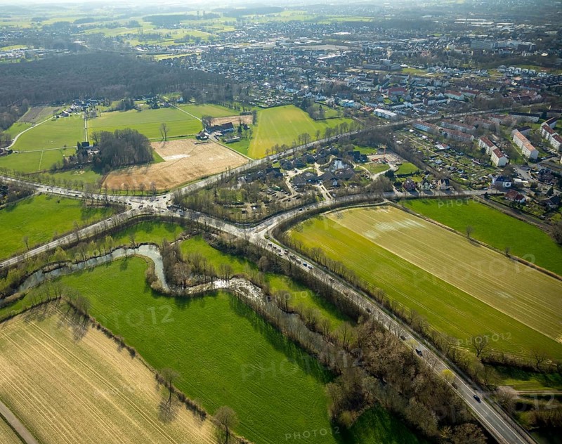 Aerial view, construction area, AhsePark housing estate, Caldenhofer Weg, river Ahse, Hamm, Ruhr area, North Rhine-Westphalia, Germany, construction work, construction vehicles, construction area, construction site, building plots, construction crane, construction project, construction site, DE, development, Europe, Glunz-Dorf, real estate, capacity requirements, aerial view, aerial photography, aerial photography, new construction, overview, bird's-eye view, meadows and fields, housing estate, residential area, residential buildings, residential neighbourhood, housing estate, birds-eyes view, overview
