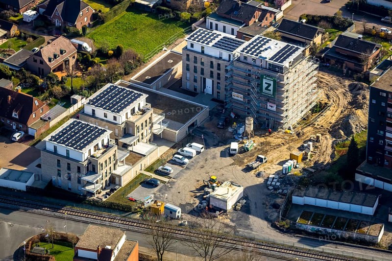 Aerial view, new construction project Augenweide, condominiums and penthouses, Grenzweg, Braam-Ostwennemar, Hamm, Ruhr area, North Rhine-Westphalia, Germany, construction work, construction area, building site, building plots, construction project, DE, development, Europe, property tax, real estate, capacity requirements, aerial view, aerial photography, aerial photography, new construction, overview, bird's eye view, residential complex, living and living, residential buildings, quality of living, residential neighbourhood, birds-eyes view, overview