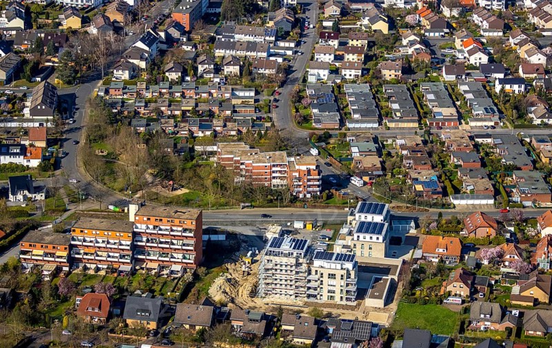 Aerial view, new construction project Augenweide, condominiums and penthouses, Grenzweg, Braam-Ostwennemar, Hamm, Ruhr area, North Rhine-Westphalia, Germany, construction work, construction area, building site, building plots, construction project, DE, development, Europe, property tax, real estate, capacity requirements, aerial view, aerial photography, aerial photography, new construction, overview, bird's eye view, residential complex, living and living, residential buildings, quality of living, residential neighbourhood, birds-eyes view, overview