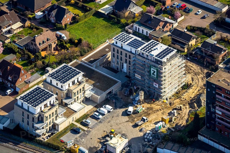 Aerial view, new construction project Augenweide, condominiums and penthouses, Grenzweg, Braam-Ostwennemar, Hamm, Ruhr area, North Rhine-Westphalia, Germany, construction work, construction area, building site, building plots, construction project, DE, development, Europe, property tax, real estate, capacity requirements, aerial view, aerial photography, aerial photography, new construction, overview, bird's eye view, residential complex, living and living, residential buildings, quality of living, residential neighbourhood, birds-eyes view, overview