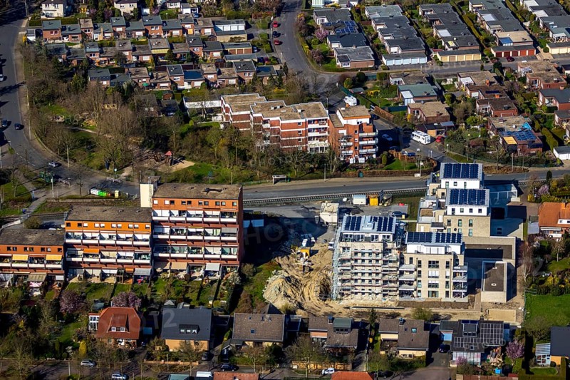 Aerial view, new construction project Augenweide, condominiums and penthouses, Grenzweg, Braam-Ostwennemar, Hamm, Ruhr area, North Rhine-Westphalia, Germany, construction work, construction area, building site, building plots, construction project, DE, development, Europe, property tax, real estate, capacity requirements, aerial view, aerial photography, aerial photography, new construction, overview, bird's eye view, residential complex, living and living, residential buildings, quality of living, residential neighbourhood, birds-eyes view, overview