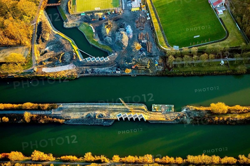 Aerial view, Datteln-Hamm canal, new Ahsedüker, Ahse, sheet pile wall, canal construction site, Hamm, Ruhr area, North Rhine-Westphalia, Germany, DE, Europe, birds-eyes view, aerial photograph, aerial photography, aerial photography, overview, bird's eye view