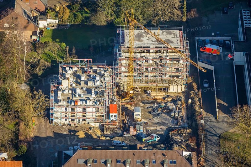 Aerial view, St. Josef Hospital, new building, construction company Heckmann, former kindergarten, Hamm, Ruhr area, North Rhine-Westphalia, Germany, construction work, construction area, construction site, building plots, construction crane, construction project, construction site, DE, development, Europe, healthcare, hospital, capacity requirements, clinic, clinic centre, hospital, aerial view, aerial photography, aerial photography, medical facility, medical aid, new building, emergency service, overview, bird's eye view, birds-eyes view, overview, medical care