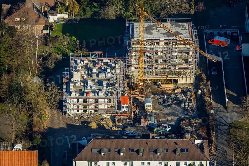 Aerial view, St. Josef Hospital, new building, construction company Heckmann, former kindergarten, Hamm, Ruhr area, North Rhine-Westphalia, Germany, construction work, construction area, construction site, building plots, construction crane, construction project, construction site, DE, development, Europe, healthcare, hospital, capacity requirements, clinic, clinic centre, hospital, aerial view, aerial photography, aerial photography, medical facility, medical aid, new building, emergency service, overview, bird's eye view, birds-eyes view, overview, medical care