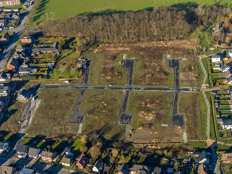 Aerial view, residential park Schulze-Everding, 2nd construction phase, new construction area, Bockum-Hövel, Hamm, Ruhr area, North Rhine-Westphalia, Germany, Am Eversbach, construction work, construction vehicles, construction area, construction site, building plots, construction measure, construction project, construction site, DE, development, Europe, capacity requirements, aerial view, aerial photography, aerial photography, new construction, overview, bird's eye view, meadows and fields, birds-eyes view, overview