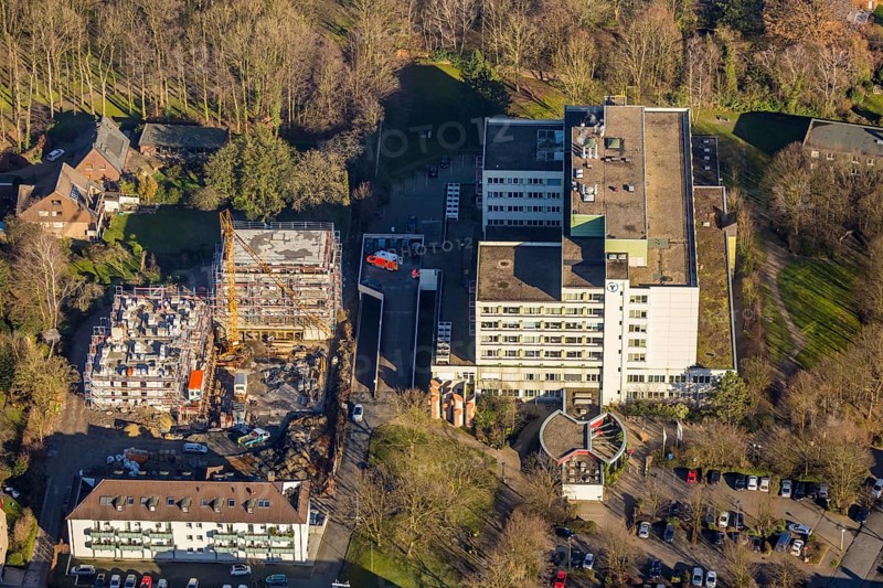 Aerial view, St. Josef Hospital, new building, construction company Heckmann, former kindergarten, Hamm, Ruhr area, North Rhine-Westphalia, Germany, construction work, construction area, construction site, building plots, construction crane, construction project, construction site, DE, development, Europe, healthcare, hospital, capacity requirements, clinic, clinic centre, hospital, aerial view, aerial photography, aerial photography, medical facility, medical aid, new building, emergency service, overview, bird's eye view, birds-eyes view, overview, medical care
