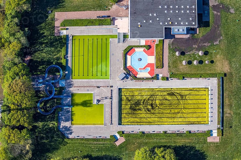 Aerial view, outdoor swimming pool south in front of the opening of the season with algae in the water, Hamm, Ruhr area, North Rhine-Westphalia, Germany, DE, Europe, birds-eyes view, aerial view, aerial photography, aerial photography, overview, overview, bird's eye view