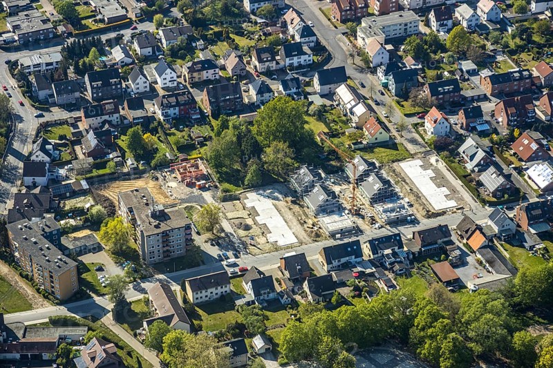 Aerial view, Hamm-Westen, building area Auf der Geist, semi-detached houses, Hamm, Ruhr area, North Rhine-Westphalia, Germany, Duisburg, DE, Europe, birds-eyes view, aerial view, aerial photography, aerial photography, overview, bird's eye view