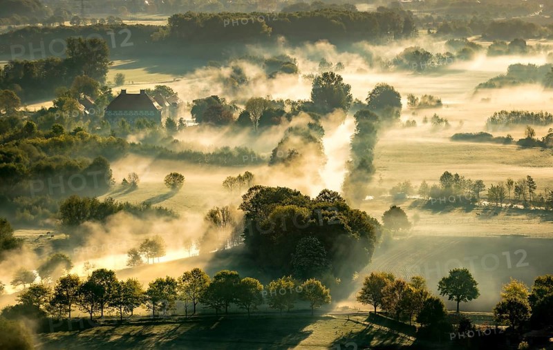 Aerial view, morning fog, Lippe river meadow, landscape in backlight, Oberwerries Castle, Hamm, Ruhr area, North Rhine-Westphalia, Germany, ground fog, castle, DE, Europe, river Lippe, river meadow, backlight, green trees, manor house, manor house, manor house, landscape, aerial view, aerial photography, aerial photography, fog, castle, castle complex, castle garden, castle park, overview, bird's eye view, moated castle, moated castle, meadows and fields, birds-eyes view, overview