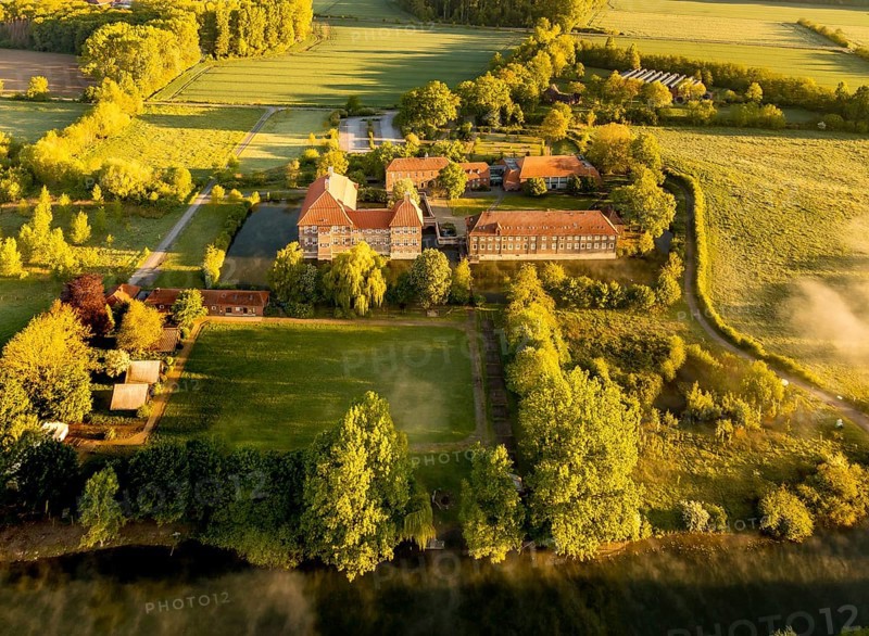 Aerial view, morning fog, Lippe river meadow, landscape in backlight, Oberwerries Castle, Hamm, Ruhr area, North Rhine-Westphalia, Germany, ground fog, castle, DE, Europe, river Lippe, river meadow, backlight, green trees, manor house, manor house, manor house, landscape, aerial view, aerial photography, aerial photography, fog, castle, castle complex, castle garden, castle park, overview, bird's eye view, moated castle, moated castle, meadows and fields, birds-eyes view, overview