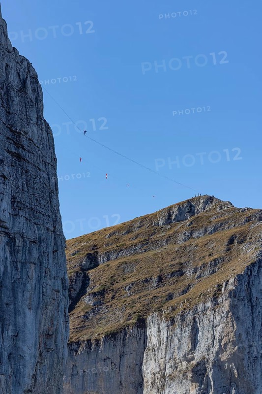 Tour d'Aï and Tour de Mayen with tightrope artist, Leysin, Vaud, Switzerland