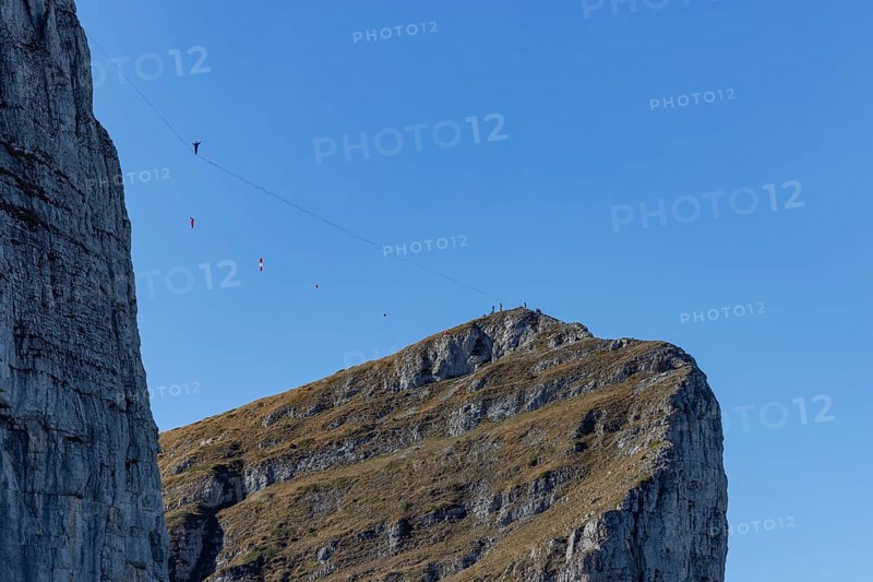 Tour d'Aï and Tour de Mayen with tightrope artist, Leysin, Vaud, Switzerland