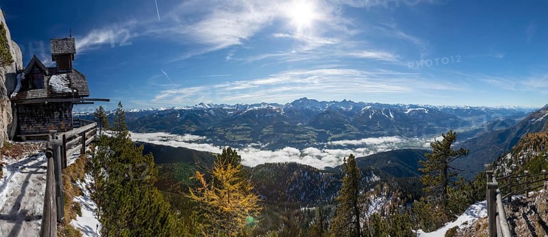 Peace chapel, Friedenskircherl am Stoderzinken, fog in the valley above the Enns Valley, panoramic picture, Gröbming, Styria, Austria